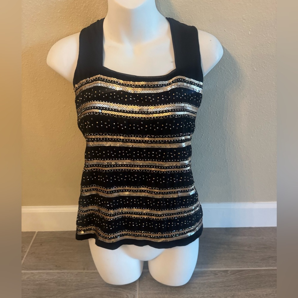 White House Black Market Black and Gold Sequin Tank Top